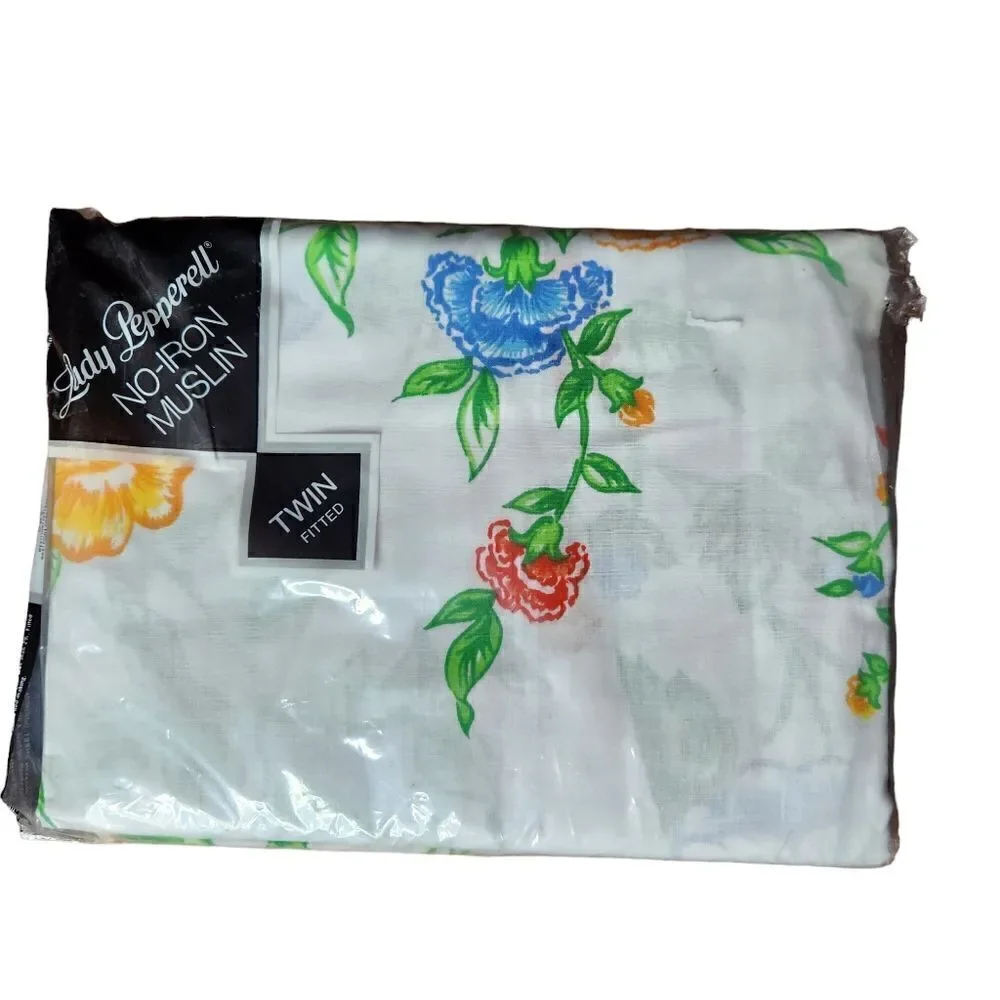 Vintage Lady Pepperell Twin Fitted Bed Sheet White Floral No Iron Muslin NEW